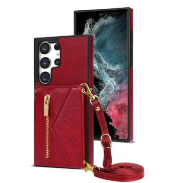 Imagem de Capa de couro para Samsung Galaxy S23 22 21 20 Plus FE Ultra A12 14 51 52 53 54 Pendurar corda Zip Carteira cartão Capa para celular, vermelha, para Galaxy S20