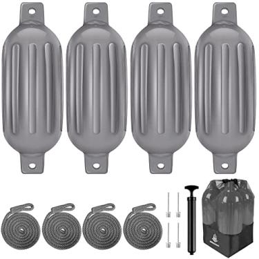 Imagem de Dreizack Pacote com 4 para-lamas de barco, 21,5 x 66 cm, para-choques de barco para ancoragem com 4 cordas, pontão marinho com nervuras infláveis, para-choque para docas com 1 bolsa de armazenamento, 1 bomba de ar e 4 agulhas, cinza