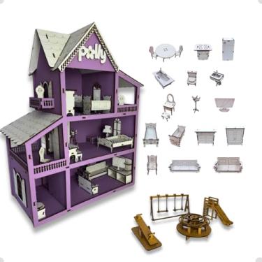 Imagem de Casinha de Boneca Pequena Infantil Em Mdf Cor Lilás com 19 Mini Moveis e Parquinho