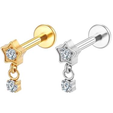 Imagem de Piercing Labret Helix Tragus Conch Nariz Boca Medusa Titânio Pvd Estrela Zircônia Com Pingente (Dourado)