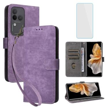 Imagem de IUQXU Capa carteira para celular VIVO V30 Pro 5G com protetor de tela [bloqueio RFID] couro flip suporte para cartão alça de pulso mulheres homens capa de celular para VIVO V30Pro V 30 Pro 5G roxo