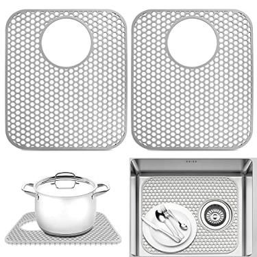 Imagem de Protetores de pia para pia de cozinha, 2 peças de tapete de cozinha de silicone 34,5 x 29,5 cm, protetor inferior antiderrapante compatível com casa de fazenda/aço inoxidável/porcelana (cinza, ralo