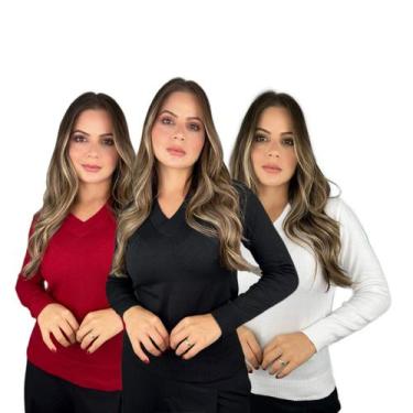 Imagem de Kit 3 Blusa Trico Basica Feminina Decote V Manga Longa - Calu Tricot, 