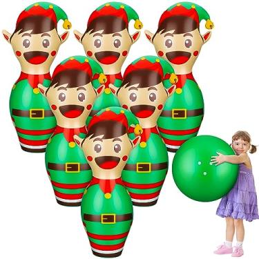 Imagem de Wettarn Conjunto inflável de boliche gigante de 68,5 cm, 7 peças, jogos infláveis de elfo para crianças, adultos, festas de Natal, férias, carnaval, família, interior, exterior, jardim, quintal,