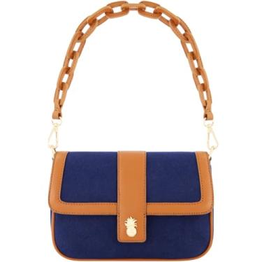 Imagem de Tommy Bahama Bolsa tiracolo feminina, bolsa de ombro pequena com aba de lona com alça de couro dupla ajustável, azul marinho/marrom, Azul-marinho/bronze