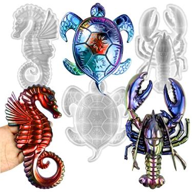 Imagem de 3 peças de moldes de resina de animais marinhos de silicone tartarugas marinhas lagosta molde de cavalo marinho molde de fundição de resina epóxi grande molde marinho exclusivo para artesanato de concreto de resina faça você mesmo pendurar na parede Halloween Natal decoração de casa