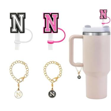 Imagem de (2+2) 2 peças de cobertura de canudo para copo Stanley 30 e 1,134 g 10 mm topo de palha com 2 peças de pingentes de letra nome ID inicial alça pingente acessórios personalizados para Stanley Tumbler