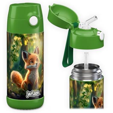 Imagem de Jarlson Charli Garrafa infantil de aço inoxidável com canudo – Frasco térmico de 350 ml – Testado TÜV – Livre de BPA – à prova de vazamento – Garrafa de água térmica para escola, berçário (Fox 'Neo')