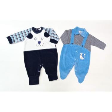 Imagem de KIT 2 - Macacão Longo em Plush - Masculino  Tons Azuis - RN / P / M / 