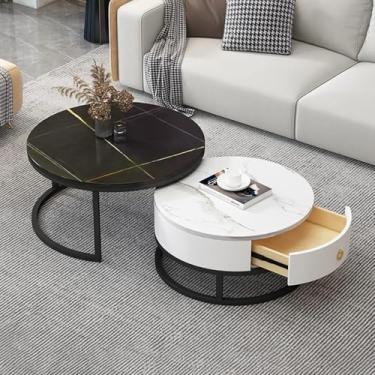 Imagem de Conjunto de 2 mesas de centro redondas, conjunto de mesa lateral com armazenamento de gaveta, mesa de sofá com textura de mármore ardósia, moldura de metal, mesa de chá moderna para quarto, sala de