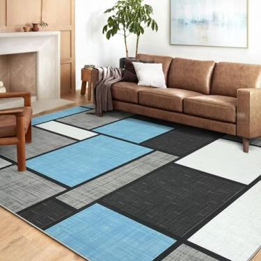 Imagem de WESTLOOM Tapete geométrico 20 x 25, azul claro, poliéster, feito à máquina, pelo baixo, suporte de borracha antiderrapante, lavável, moderno, sala de estar, quarto, áreas de alto tráfego