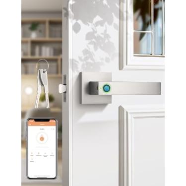 Imagem de Tinewa Fechadura de porta biométrica com impressão digital, maçaneta inteligente, sem chave com aplicativo, quarto, escritório, hotel, despensa, níquel acetinado