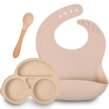 Imagem de Kit Introdução Alimentar Bebê 3 Peças: Pratinho Com Ventosa, Babador e Colher de Silicone. Livre de BPA, Atóxico e Seguro. Ideal para BLW e Desmame (Creme)