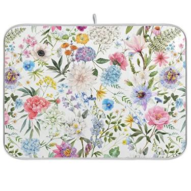 Imagem de Foiosoh Escorredor De Pratos Absorvente De Flores De Aquarela/Tapete De Rack Para Bancada Tamanho Pequeno 16 X 18, Almofadas De Secagem De Pratos De Microfibra Almofada De Drenagem De Bancada De Coz