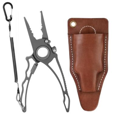 Imagem de WOUDY Alicate de pesca de titânio 19 cm, alicate de pesca multifuncional para água salgada com estojo protetor de couro e cordão, alicate de pesca com cortador de tungstênio, liga de titânio de grau