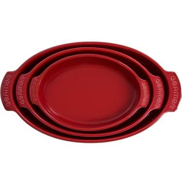 Imagem de Germer, Kit com 3 peças de travessa oval em porcelana, modelo assar ou servir, Funda, 1 25,6X16cm / 1 31,5X18,5cm / 1 38x21,5cm, Vermelho