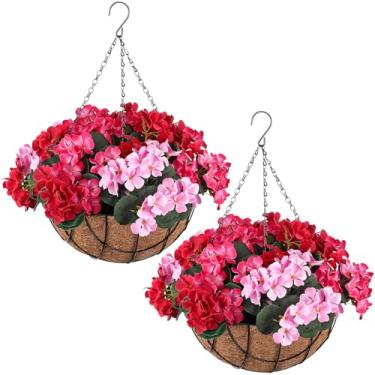 Imagem de Lyrow Pacote com 2 flores artificiais penduradas no cesto, plantas de varanda falsas, arranjo de hortênsia artificial em forro de coco de 30,5 cm, cesta suspensa de flores para uso ao ar livre, dentro