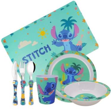 Imagem de Jogo Refeição Infantil Melamina Stitch Disney 7 Peças Incluso Talheres