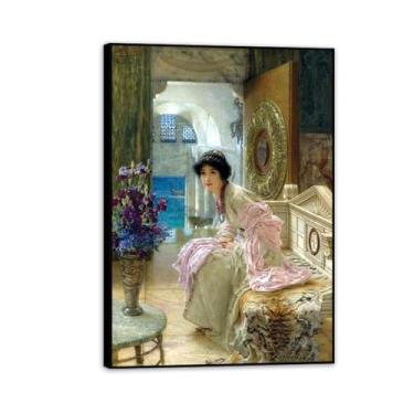 Imagem de Impressão em moldura preta Watching and Waiting de Lawrence Alma Tadema, reprodução de pintura a óleo, impressão giclée em tela, arte de parede pronta para pendurar para decoração de quarto de casa.