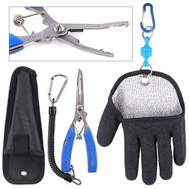 Imagem de Swpeet Conjunto de 2 peças de equipamento de pesca, pescador profissional, mão esquerda, GG, luvas de pesca com ganchos magnéticos e alicate de pesca, cortadores de anel dividido, alicate removedor de