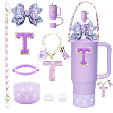 Imagem de 9 peças de acessórios de copo Stanley Bling para copo de 850 g e copo de 1134 g com alça, incluindo pingente de iniciais, alça de couro, decoração de arco de palha, topo de palha, bota, tampa à prova