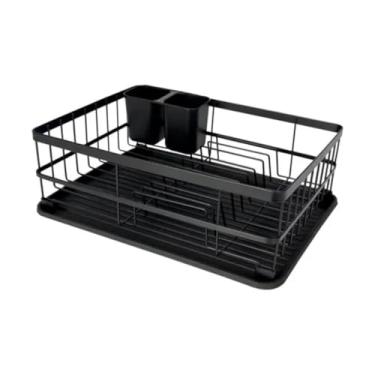 Imagem de Escorredor de Louças Preto Fosco para 9 Pratos, Compartimento para Talheres e Bandeja Coletora, Organizador em Aço Durável - Escritex