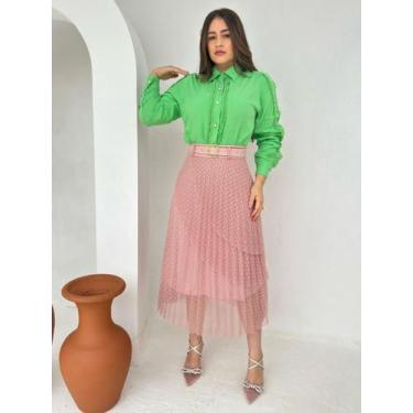 Imagem de Saia Rodada Midi Soltinha com Babado Camadas em Tule - Fashion, Rosê, 