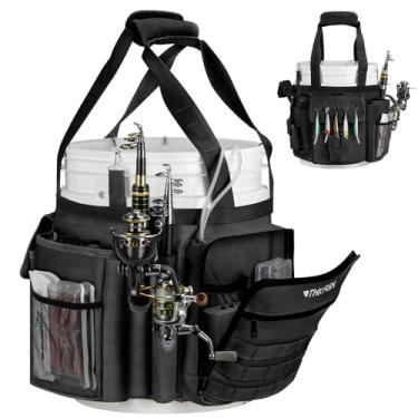 Imagem de THKFISH Organizador de balde de pesca para balde de 5 galões, bolsa de balde de pesca no gelo com suporte para vara e alicate, bolsa de balde de proteção de peixe ajustável com vários bolsos para