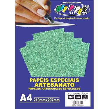 Imagem de Papel Glitter Metálico Off Paper A4 250 g/m² – Cor Verde – Pacote com 10 Folhas – Brilho Premium para Artesanato e Convites