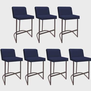 Imagem de Kit 07 Banquetas Com Encosto Noah Luxo Confort Bistrô Cozinha Ferro Marrom Suede Azul Marinho - Ahz Móveis