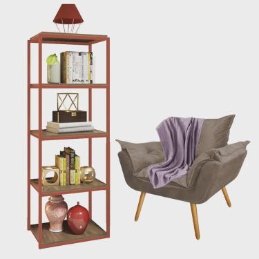 Imagem de Kit Poltrona Fatte com Manta Soft Lilás e Estante Livreiro Ferro Bronze mdf Carvalho Suede Bege - Ahazzo Móveis