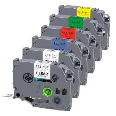 Imagem de Unismar Pacote com 6 etiquetas compatíveis com Brother P Touch TZe-231 131 431 531 631 731 TZe TZ Tape 12 mm 0,47 laminado transparente/branco/vermelho/azul/amarelo/verde para Ptouch PT-D210 D220 H110
