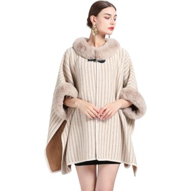 Imagem de Listras De Viagem Femininas Xale Wrap Luxo Faux Fur Trim Poho Cape Lady Soft Large Cardigan Cloak Coat Para O Outono Inverno, Beige, 78cm