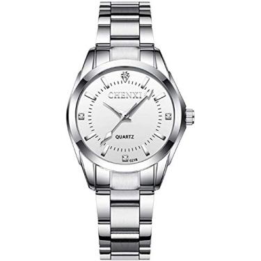 Imagem de Relógio feminino clássico de aço inoxidável prata à prova d'água feminino vestido relógio de pulso, Branco, Movimento de quartzo