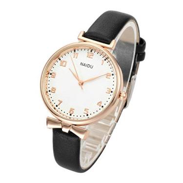 Imagem de Top Plaza Relógio de pulso feminino clássico simples de couro analógico quartzo caixa ouro rosa numerais arábicos relógios sociais casuais, Preto/branco, Clássico