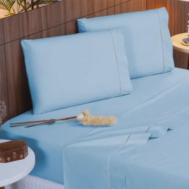 Imagem de Kit Jogo de Lençol Cama Casal Algodão Percal 140 Fios Lençol c/ Elástico Vira Virol Ponto Palito Completo - 4 Peças