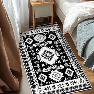 Imagem de Tapete de sala de estar asteca 7,5 x 12,5 cm preto e branco, tapete geométrico ocidental, lavável à máquina, tapete boho macio para quarto, tapete grande macio para sala de jantar, escritório,