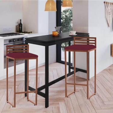 Imagem de Kit 02 Banqueta Alta Com Encosto Núria Balcão Bar Cozinha Bistrô Ferro Bronze Suede Bordô