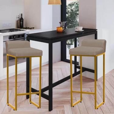 Imagem de Kit 02 Banqueta Alta Mia Com Encosto Cozinha Bistrô Bar Balcão Ferro Dourado Corino Bege