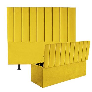 Imagem de Kit Cabeceira Estofada E Calçadeira Baú Recamier Carla 160Cm Queen Size Corino Amarelo