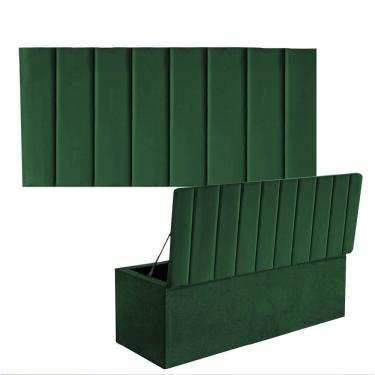 Imagem de Kit Painel Cabeceira Estofada E Calçadeira Baú Recamier Carla 160Cm Queen Size Suede Verde Musgo