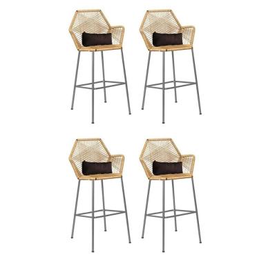 Imagem de Kit 04 Banqueta Alta Sttar Ferro Prata Fibra Palha Almofada Corino Marrom - Amey Decor