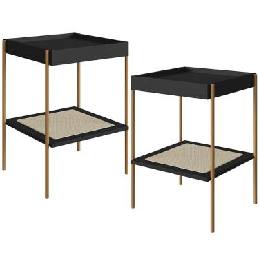 Imagem de Kit 02 Mesas Lateral Para Sala De Estar Industrial Indy A03 Nero Dourado