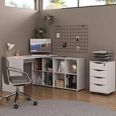Imagem de Kit 2 Peças Com Escrivaninha Em L 8 Nichos E Gaveteiro Bit Organizador 4 Gavetas Com Chave Branco