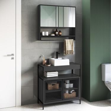 Imagem de Gabinete De Banheiro Industrial De Chão 80cm P1038 Com Cuba Sobrepor E Espelheira Preto Grafite