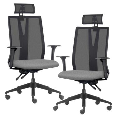 Imagem de Kit 2 Cadeiras Escritório Giratória Presidente Flow F02 Base Preta Linho Cinza Escuro - Lyam Decor