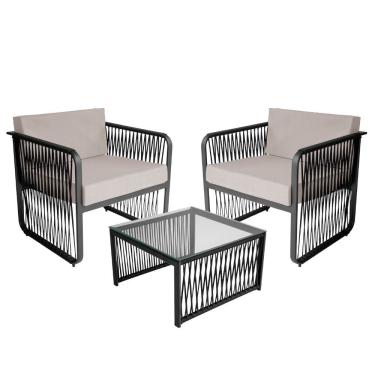 Imagem de Conjunto 2 Poltronas E Mesa Centro Corda Náutica Santiago Preto-branco