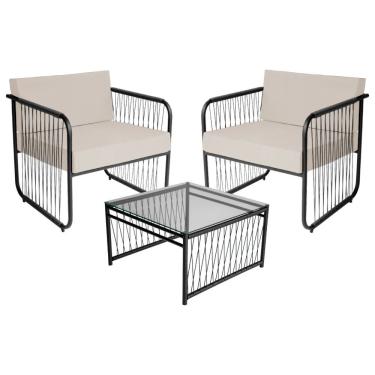 Imagem de Conjunto 2 Poltronas E Mesa Centro Fibra Sintética Córdova Preto-branco