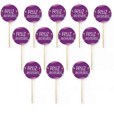 Imagem de Kit 12 Picks Decorativos Arranjo de Flor Madeira Feliz Niver