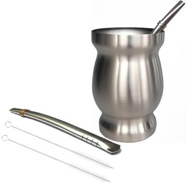 Imagem de Beruth Copo de erva mate de 236 ml, cabaça mate de aço inoxidável 304 de parede dupla, caneca com isolamento térmico e design antiqueimaduras, inclui 2 canudos e escova de limpeza (prata)